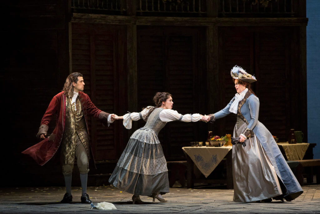 Luca Pisaroni as Don Giovanni, Aida Garifullina as Zerlina, and Federica Lombardi as Donna Elvira in Mozart's "Don Giovanni." 