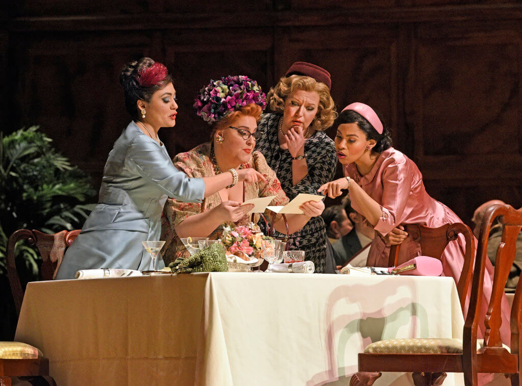 Ailyn Pérez as Alice, Marie-Nicole Lemieux as Mistress Quickly, Jennifer Johnson Cano as Meg, and Golda Schultz as Nannetta in Verdi's "Falstaff." 
