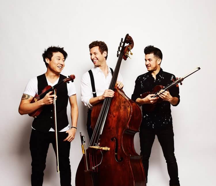 Time for Three trio: violinist Nicolas (Nick) Kendall, violinist Charles Yang, and double-bassist Canaan Meyer 