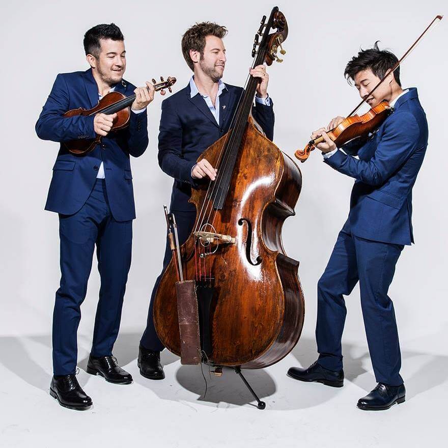 Time for Three trio: violinist Nicolas (Nick) Kendall, violinist Charles Yang, and double-bassist Canaan Meyer 