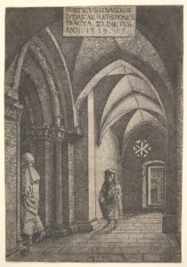 Albrecht Altdorfer etching of The Entrance Hall of the Regensburg Synagogue, 1519. 
