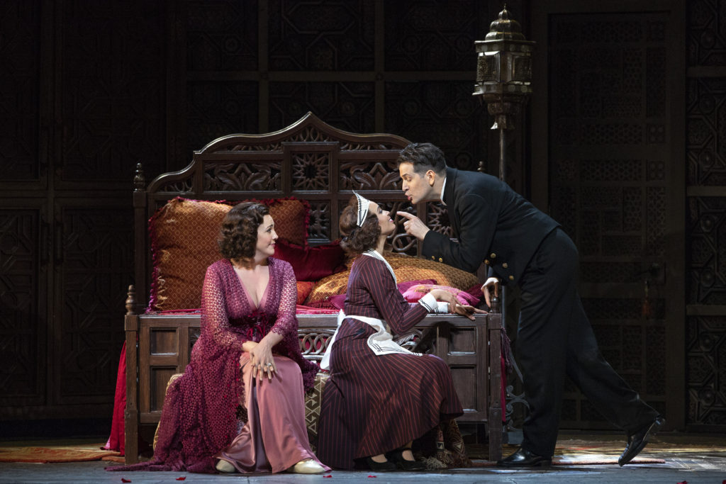 Susanna Phillips as the Countess, Nadine Sierra as Susanna, and Luca Pisaroni as Figaro in Mozart's "Le Nozze di Figaro." 