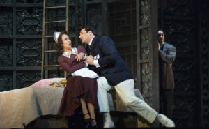 Nadine Sierra as Susanna, Adam Plachetka as the Count, and Giuseppe Filianoti as Don Basilio in Mozart's "Le Nozze di Figaro." 