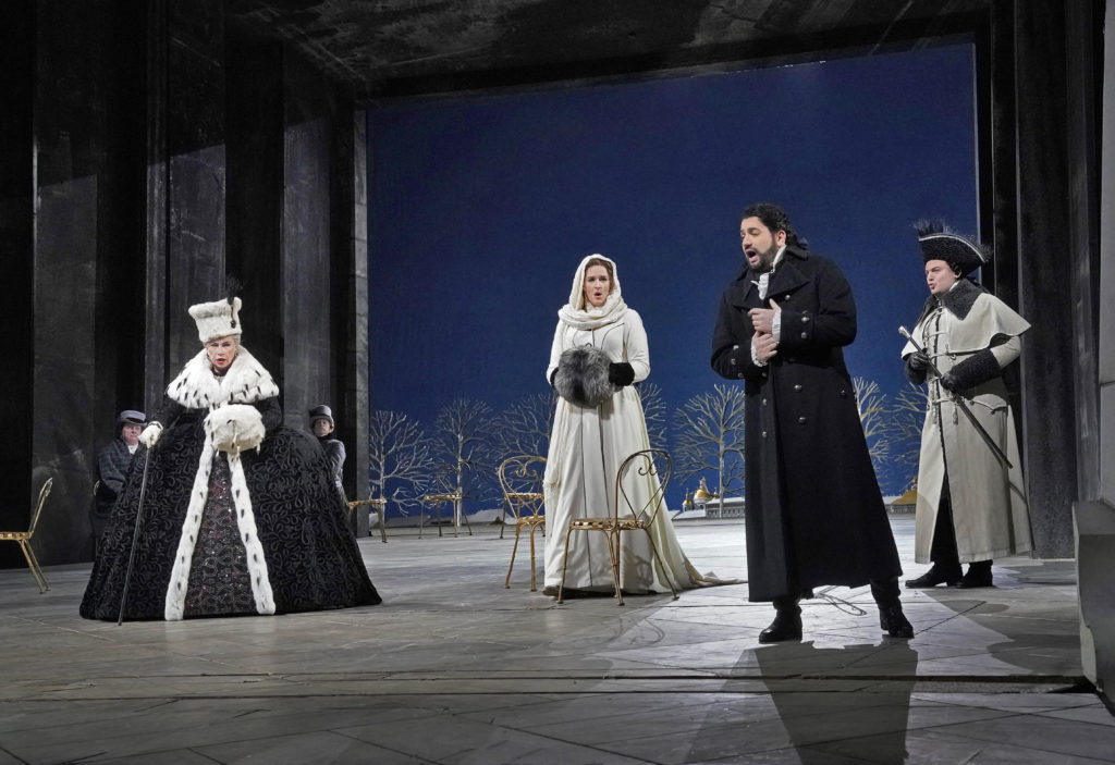 Larissa Diadkova as the Countess, Lise Davidsen as Lisa, Yusif Eyvazov as Hermann, and Igor Golovatenko as Prince Yeletsky in Tchaikovsky's "The Queen of Spades" at the MetOpera