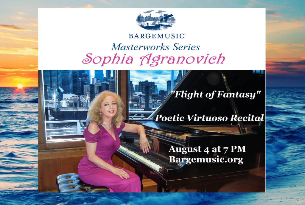 Sophia Agranovich, piano in Bargemusic Masterworks Series is sitting by the piano with a Manhattan skyline in the window of the Bargemuisc Hall